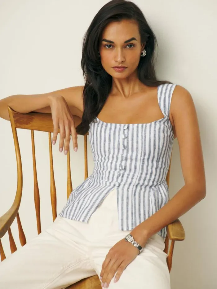 Clothing The Reformation Evie Linen Top Antibes Stripe