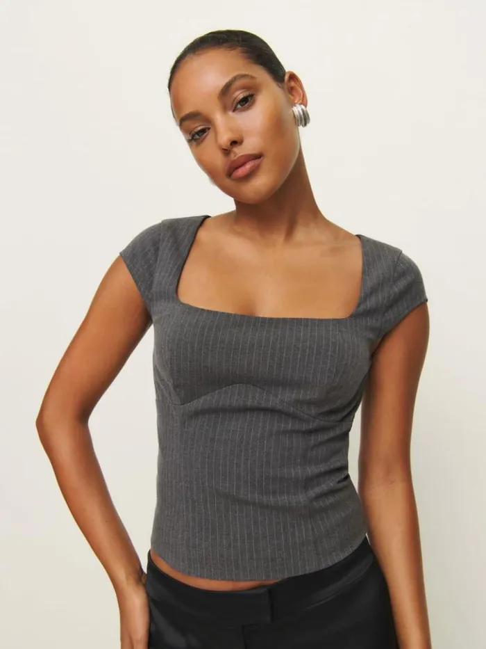 Clothing The Reformation Hollyn Top Charcoal Stripe