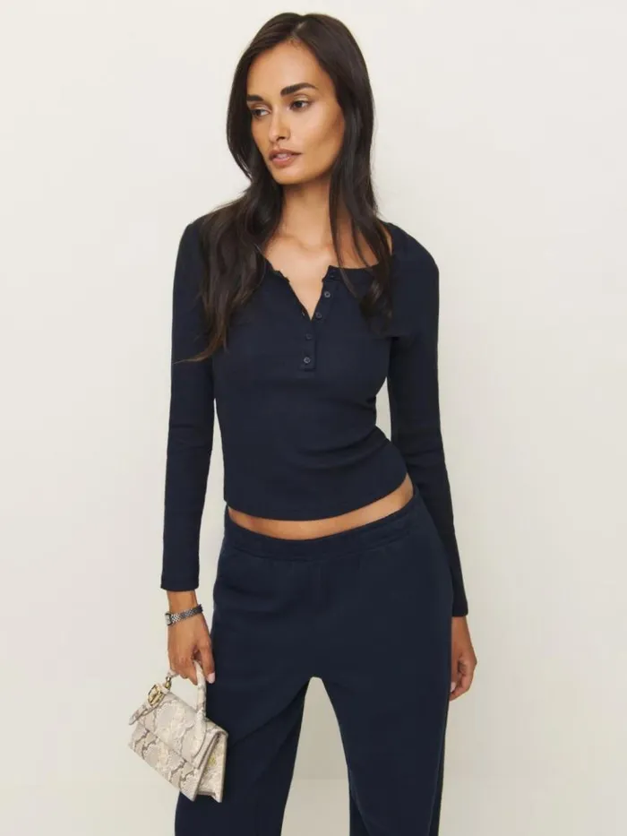 Clothing The Reformation Jayden Long Sleeve Henley Tee Midnight