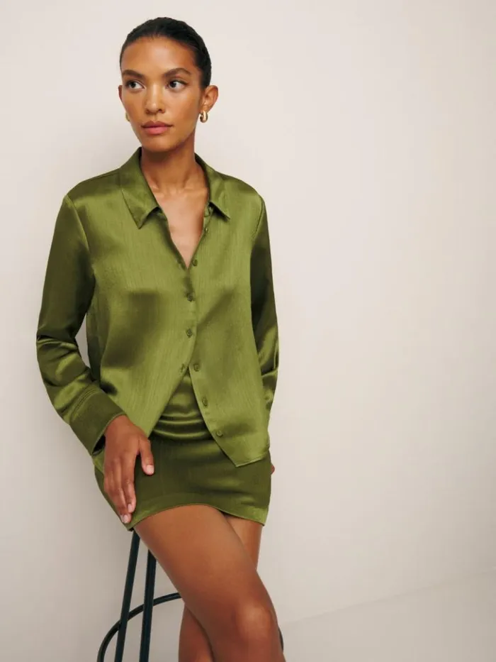 Clothing The Reformation Sky Relaxed Satin Top Pear Crinkle