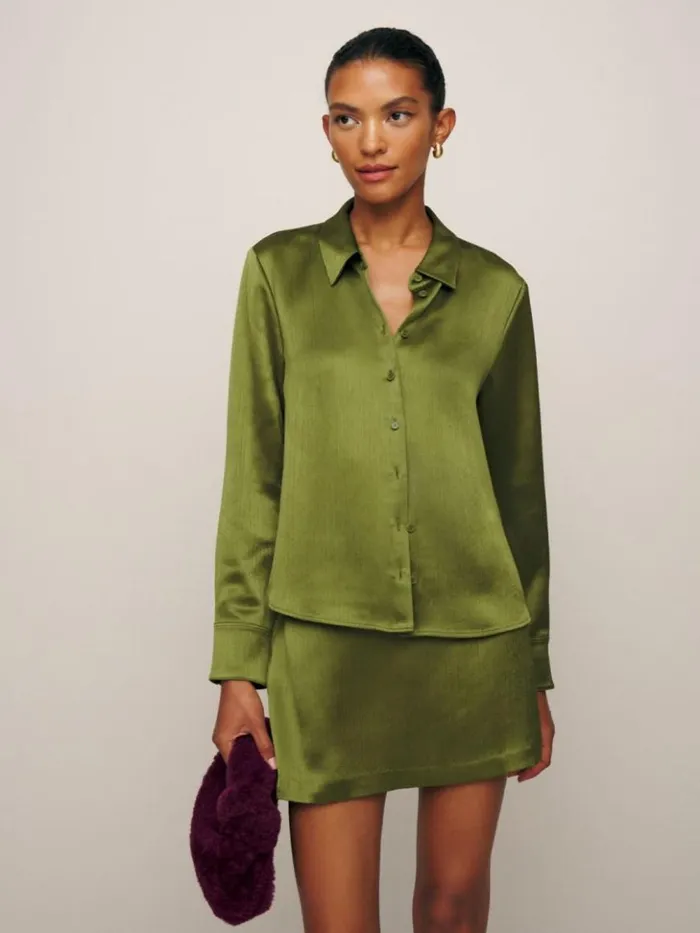 Clothing The Reformation Sky Relaxed Satin Top Pear Crinkle