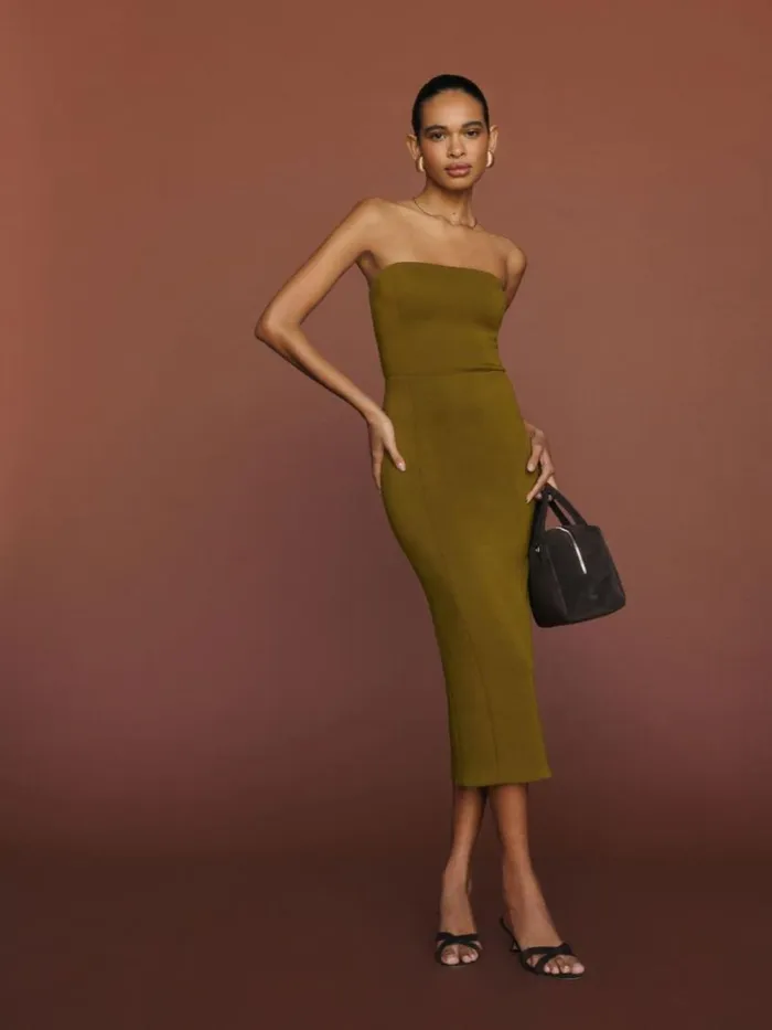 ClothingWeddings The Reformation Amber Knit Dress Kalamata Olive