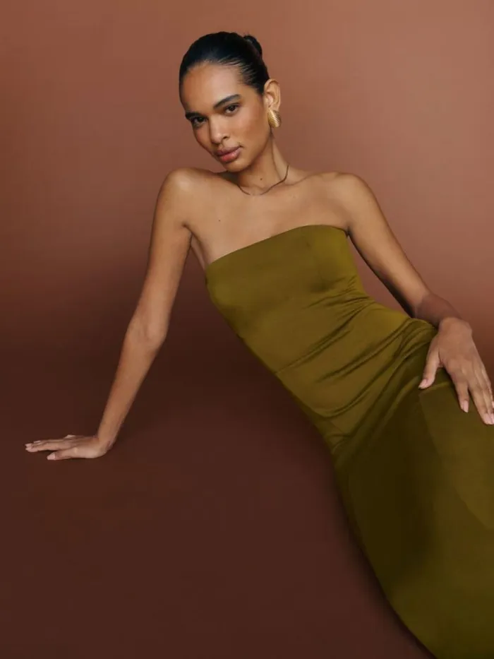 ClothingWeddings The Reformation Amber Knit Dress Kalamata Olive