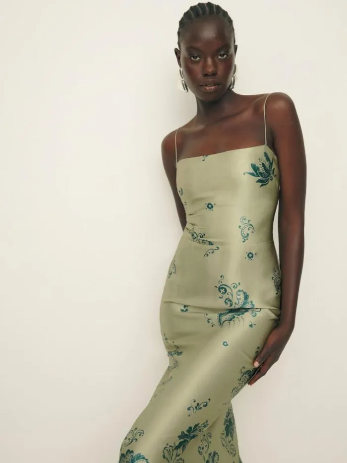 ClothingWeddings The Reformation Frankie Silk Dress Sage Border
