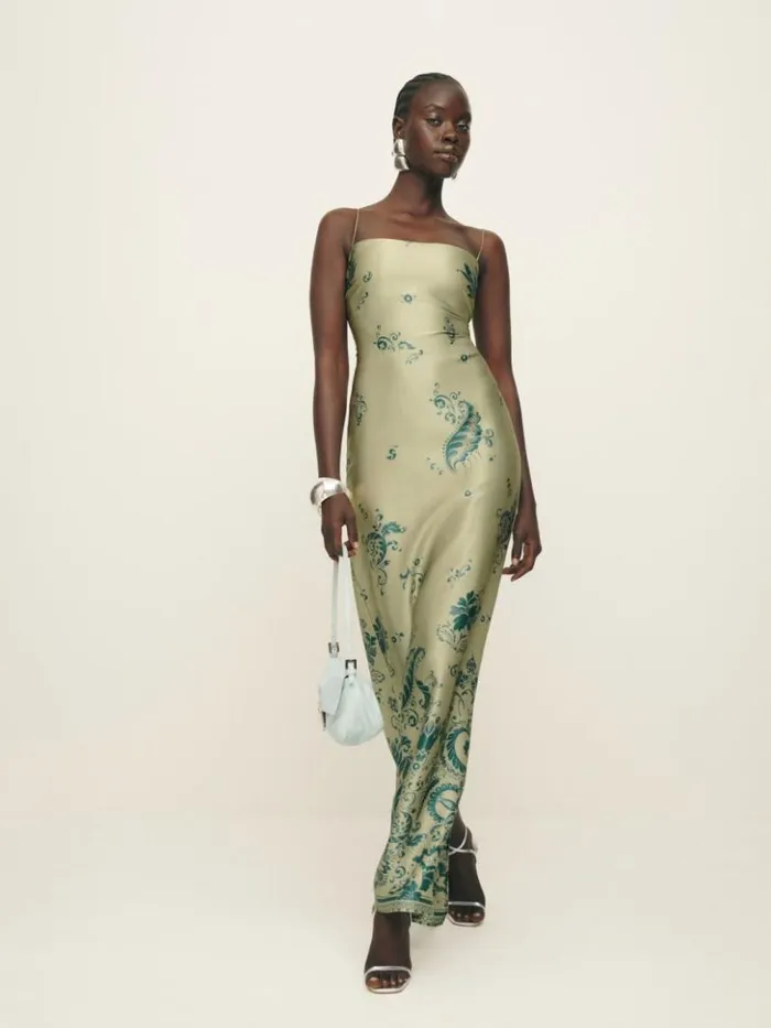 ClothingWeddings The Reformation Frankie Silk Dress Sage Border