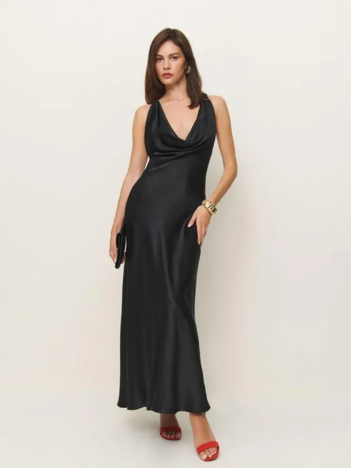 ClothingWeddings The Reformation Rayana Silk Dress Black