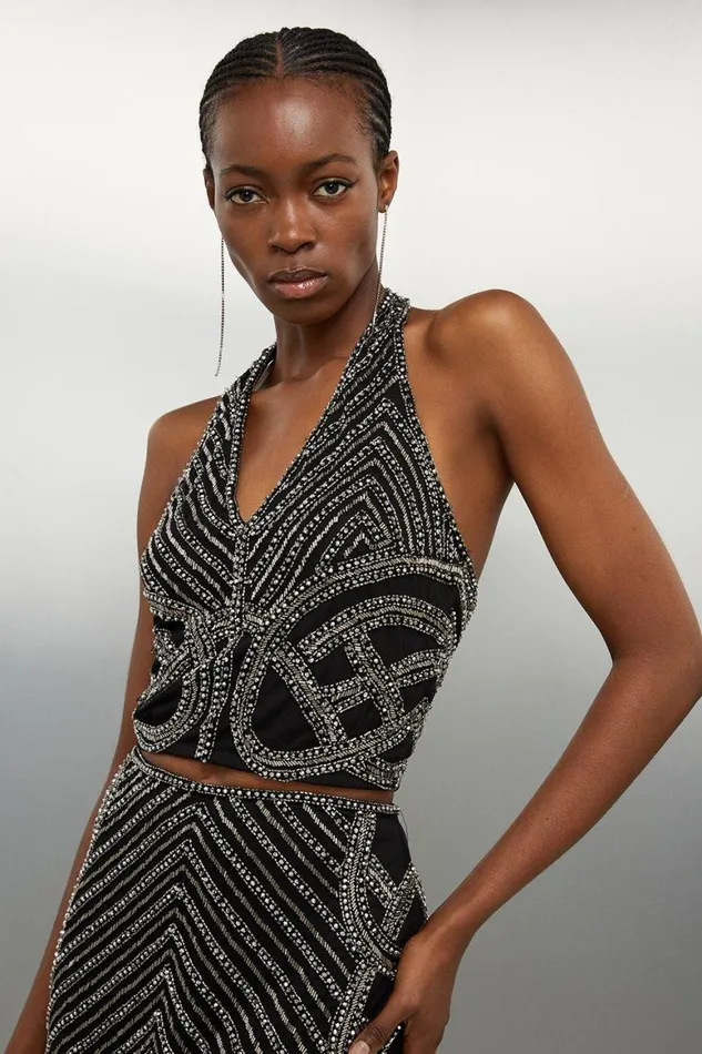 CoOrds Women Karen Millen Embellished Beaded Woven Set Gun Metal