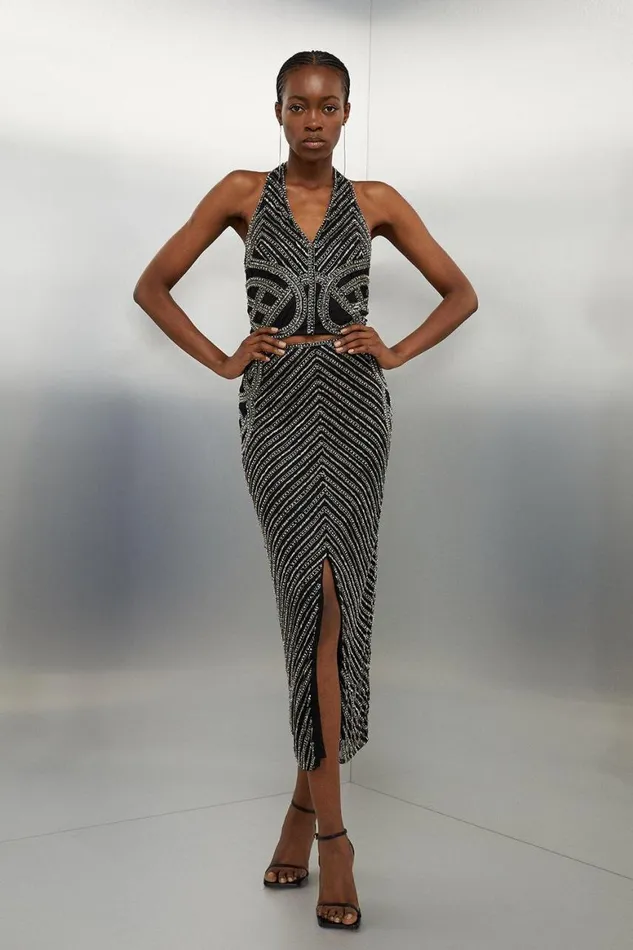 CoOrds Women Karen Millen Embellished Beaded Woven Set Gun Metal