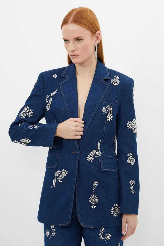 CoOrds Women Karen Millen Embellished Denim Set Indigo