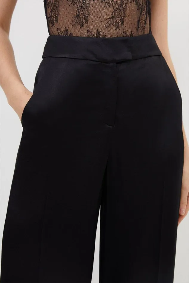 CoOrds Women Karen Millen Tailored Viscose Satin Back Crepe Wide Leg Trousers Black