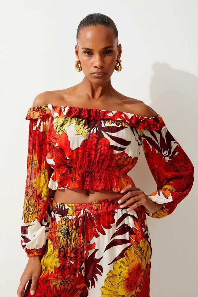 CoOrds Women Karen Millen Viscose Georgette Border Print Beach Set Orange