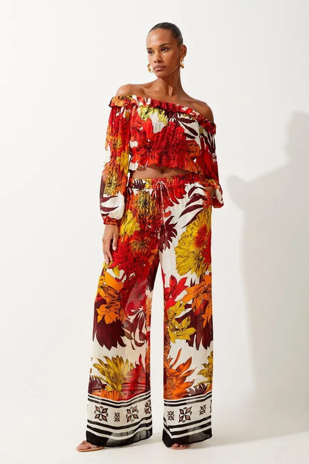 CoOrds Women Karen Millen Viscose Georgette Border Print Beach Set Orange