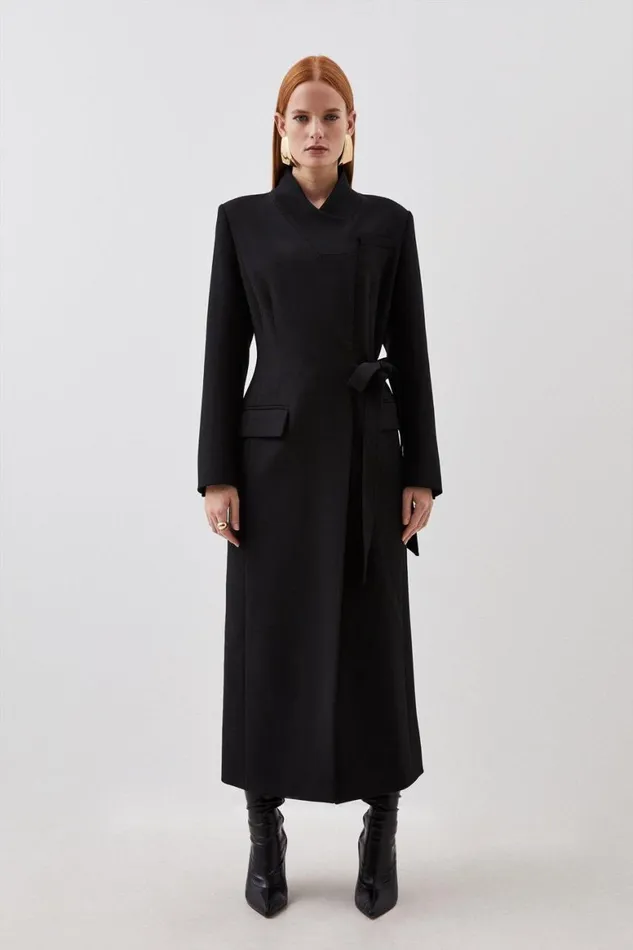 Coats and Jackets Women Karen Millen Compact Stretch Asymmetric Side Belted Maxi Coat Black Coats and Jackets Women Karen Millen Compact Stretch Asymmetric Side Belted Maxi Coat Black