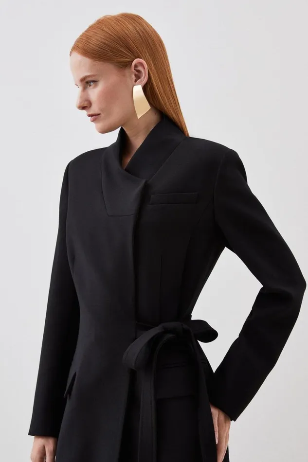 Coats and Jackets Women Karen Millen Compact Stretch Asymmetric Side Belted Maxi Coat Black