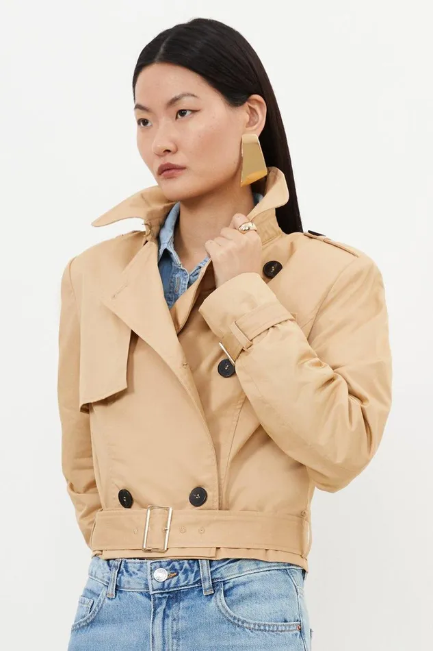 Coats and Jackets Women Karen Millen Crop Classic Belted Tailored Trench Coat Camel