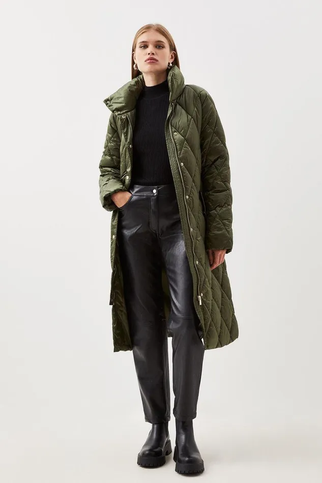 Coats and Jackets Women Karen Millen Diamond Quilted Puffer Longline Belted Coat Khaki
