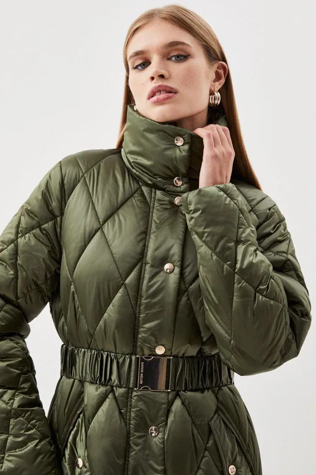 Coats and Jackets Women Karen Millen Diamond Quilted Puffer Longline Belted Coat Khaki
