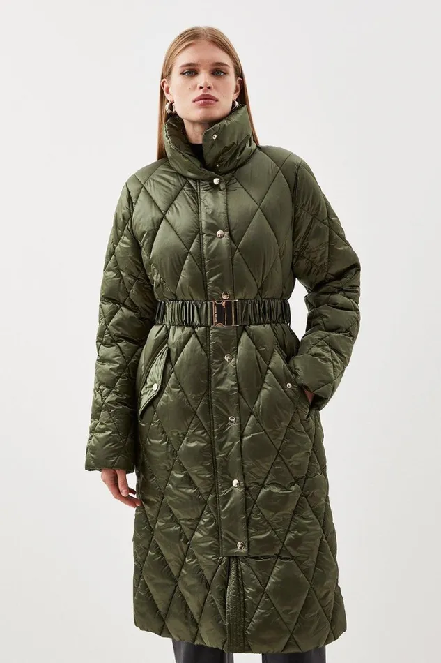 Coats and Jackets Women Karen Millen Diamond Quilted Puffer Longline Belted Coat Khaki