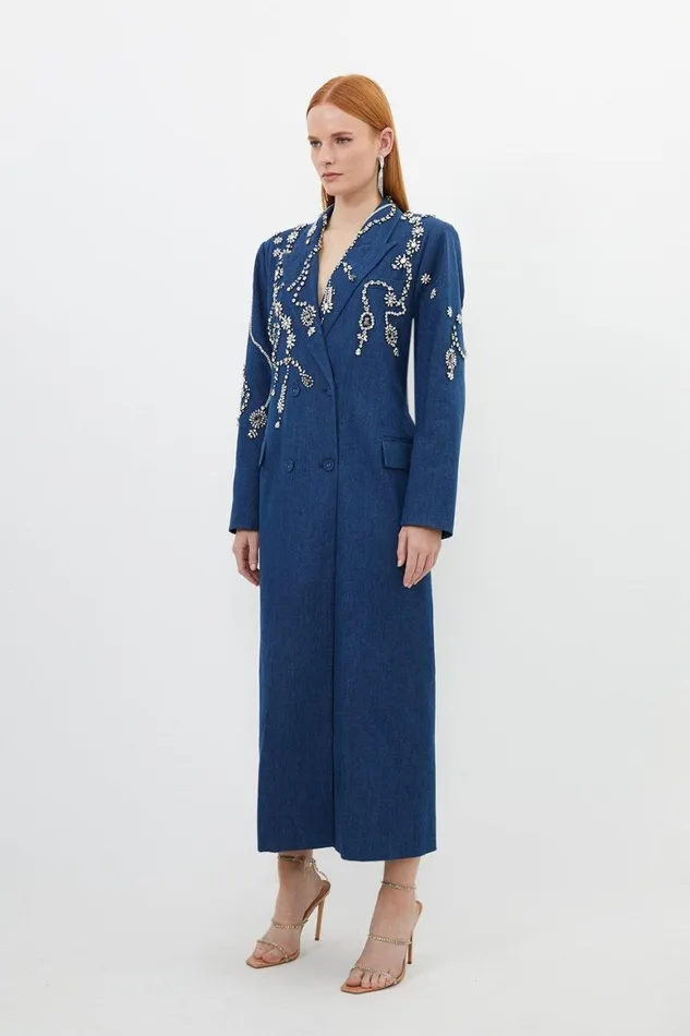 Coats and Jackets Women Karen Millen Embellished Denim Double Breasted Maxi Coat Indigo Coats and Jackets Women Karen Millen Embellished Denim Double Breasted Maxi Coat Indigo