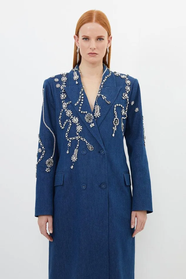 Coats and Jackets Women Karen Millen Embellished Denim Double Breasted Maxi Coat Indigo