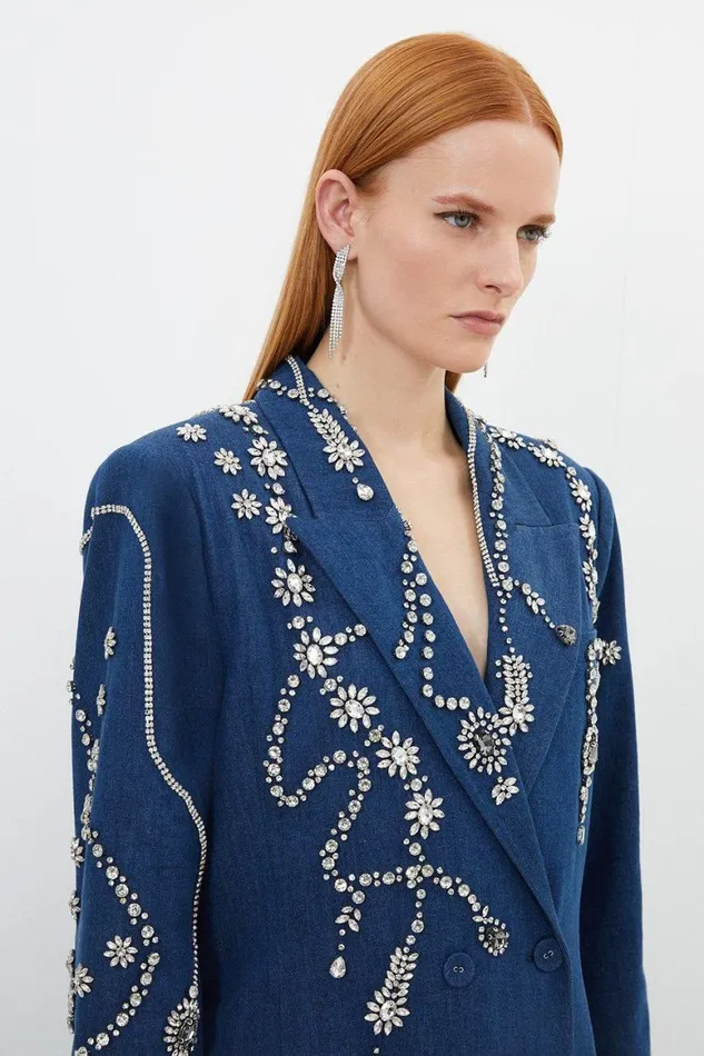 Coats and Jackets Women Karen Millen Embellished Denim Double Breasted Maxi Coat Indigo