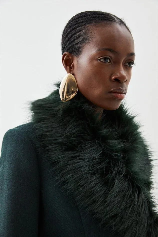 Coats and Jackets Women Karen Millen Italian Manteco Wool Blend Faux Fur Double Breasted Belted Midi Coat Forest