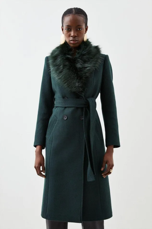 Coats and Jackets Women Karen Millen Italian Manteco Wool Blend Faux Fur Double Breasted Belted Midi Coat Forest