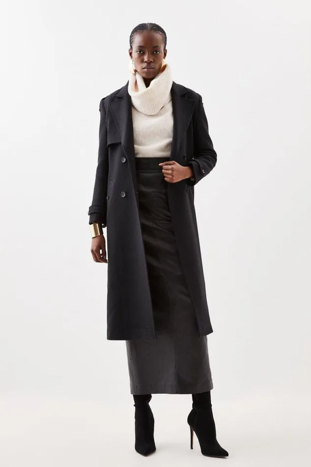 Coats and Jackets Women Karen Millen Italian Manteco Wool Blend Self Tie Belted Trench Coat Black