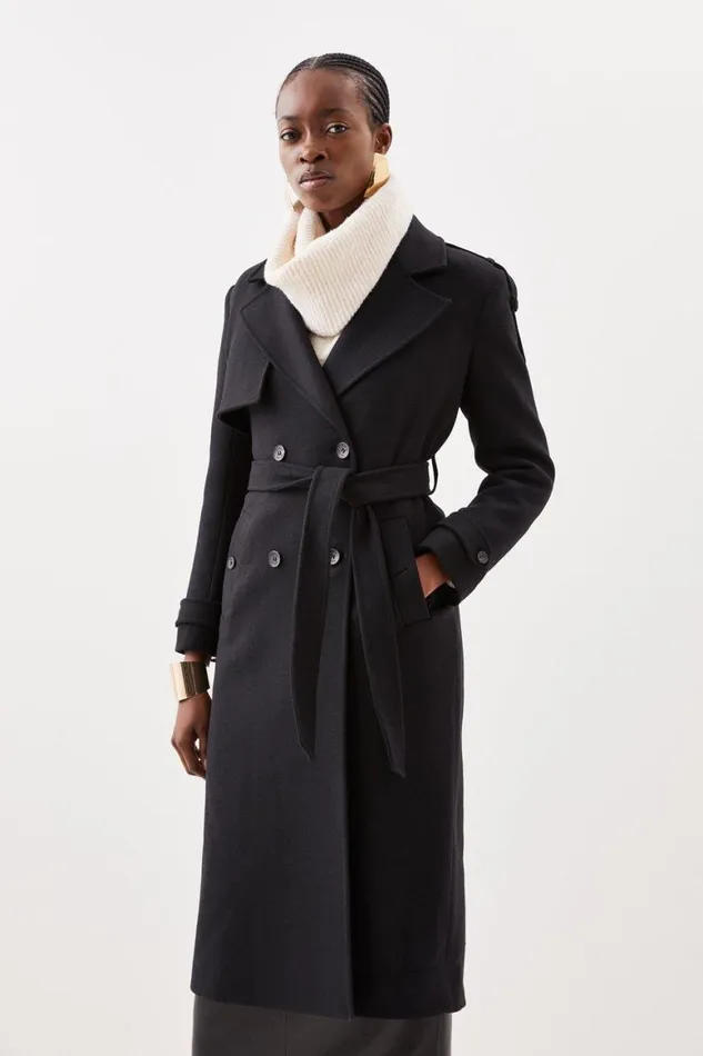 Coats and Jackets Women Karen Millen Italian Manteco Wool Blend Self Tie Belted Trench Coat Black