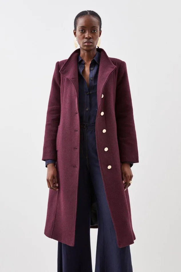 Coats and Jackets Women Karen Millen Italian Manteco Wool Button Detail Belted Midi Coat Wine