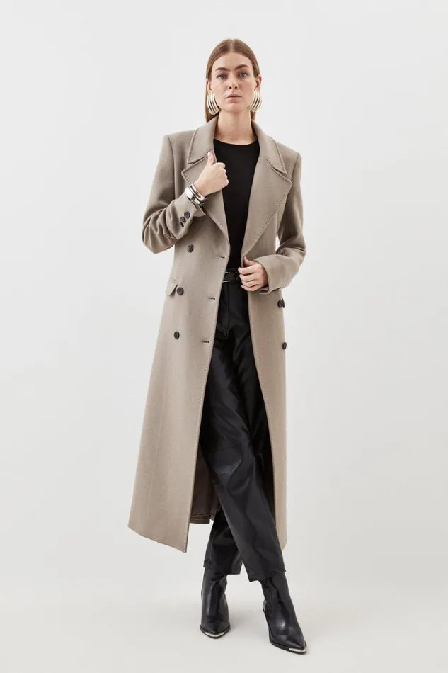 Coats and Jackets Women Karen Millen Italian Manteco Wool Double Breasted Longline Coat Taupe Coats and Jackets Women Karen Millen Italian Manteco Wool Double Breasted Longline Coat Taupe