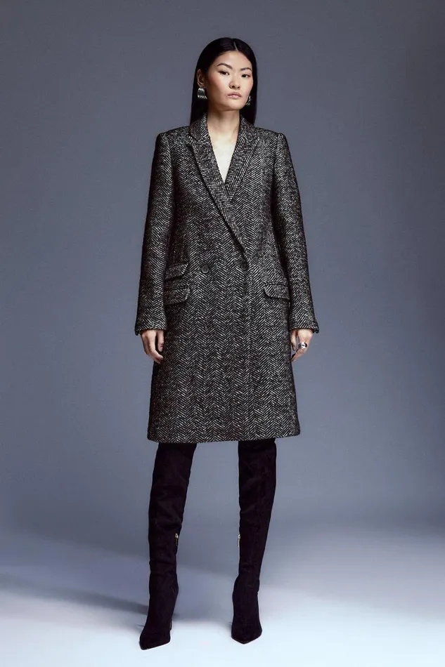 Coats and Jackets Women Karen Millen Italian Manteco Wool Herringbone Pu Collar Coat Black