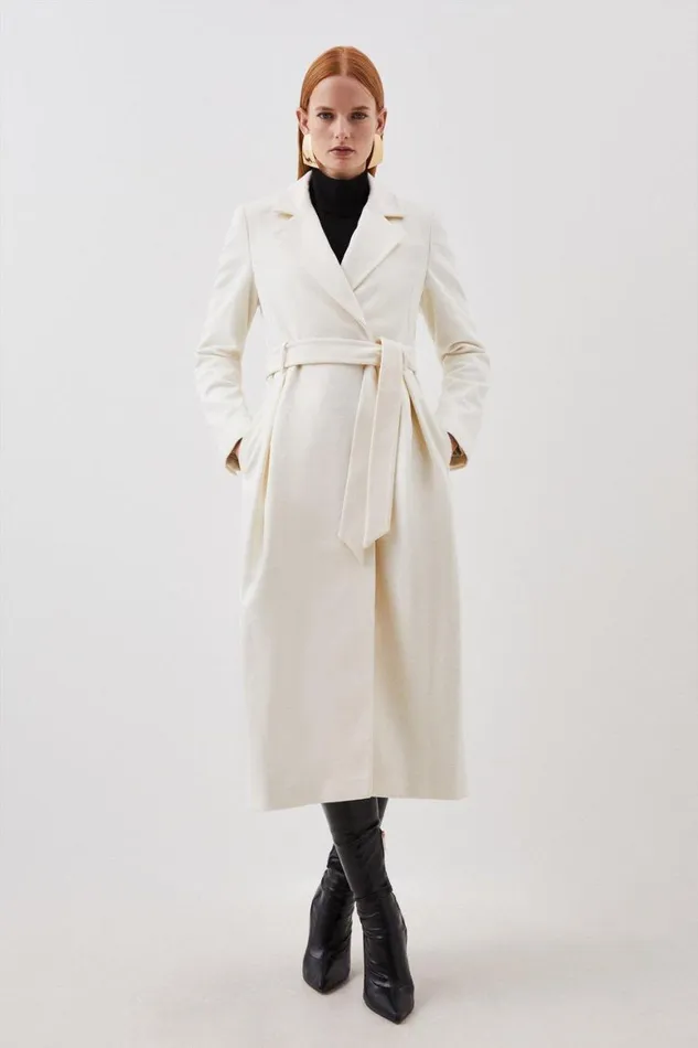 Coats and Jackets Women Karen Millen Italian Manteco Wool Wide Belted Pleat Detail Midi Coat Ivory Coats and Jackets Women Karen Millen Italian Manteco Wool Wide Belted Pleat Detail Midi Coat Ivory