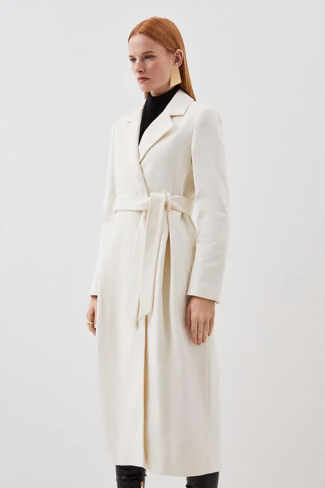 Coats and Jackets Women Karen Millen Italian Manteco Wool Wide Belted Pleat Detail Midi Coat Ivory