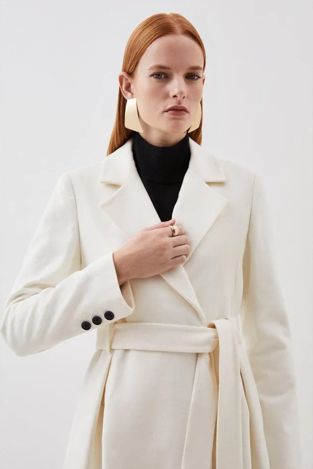 Coats and Jackets Women Karen Millen Italian Manteco Wool Wide Belted Pleat Detail Midi Coat Ivory