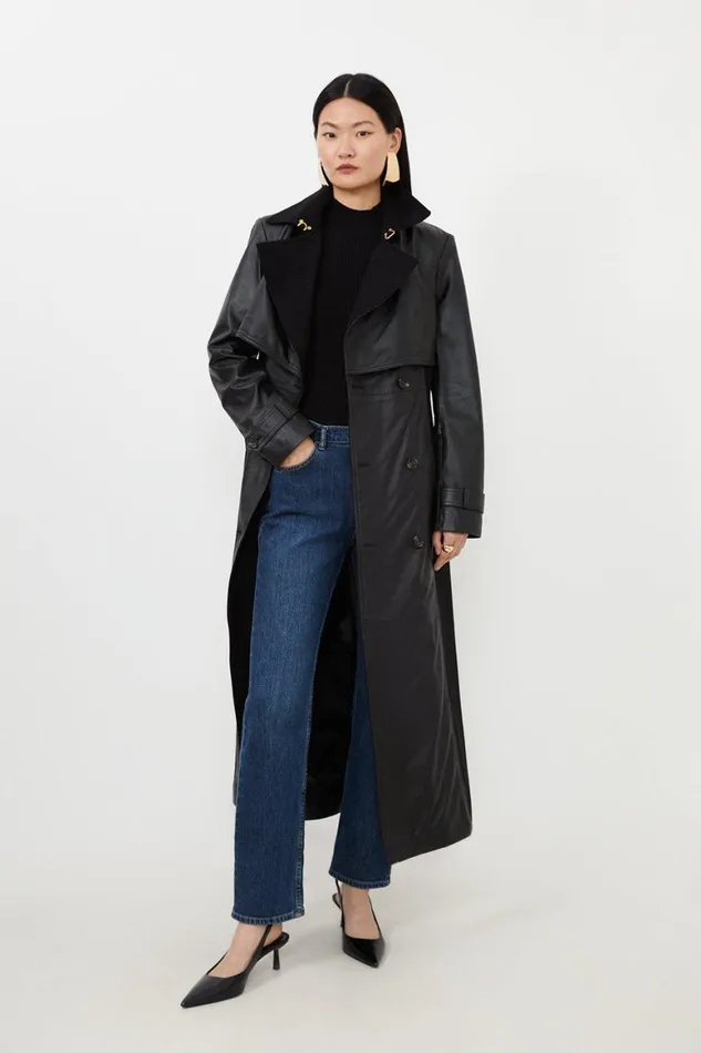 Coats and Jackets Women Karen Millen Leather And Wool Mix Belted Trench Coat Black Coats and Jackets Women Karen Millen Leather And Wool Mix Belted Trench Coat Black