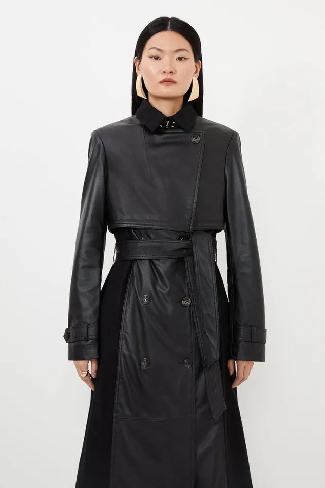 Coats and Jackets Women Karen Millen Leather And Wool Mix Belted Trench Coat Black