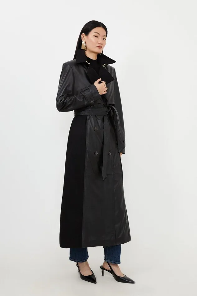 Coats and Jackets Women Karen Millen Leather And Wool Mix Belted Trench Coat Black