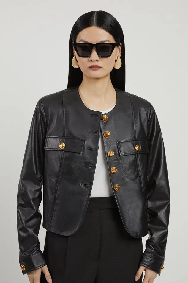 Coats and Jackets Women Karen Millen Leather Button Through Collarless Jacket Black Coats and Jackets Women Karen Millen Leather Button Through Collarless Jacket Black