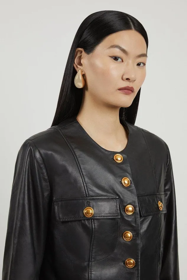 Coats and Jackets Women Karen Millen Leather Button Through Collarless Jacket Black