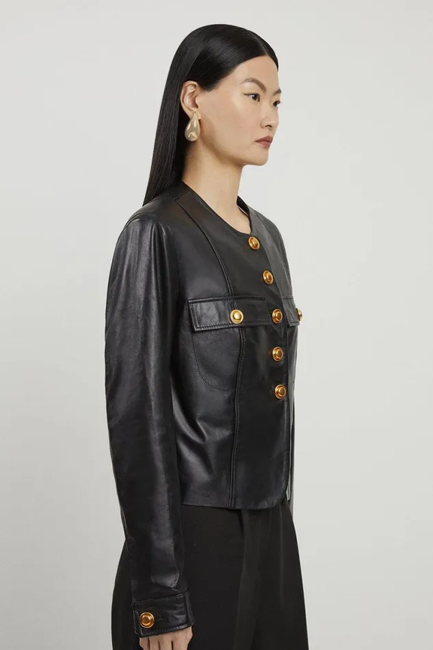 Coats and Jackets Women Karen Millen Leather Button Through Collarless Jacket Black