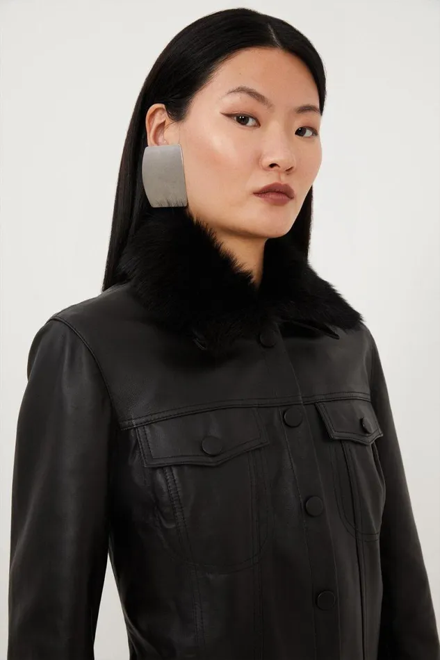 Coats and Jackets Women Karen Millen Leather Detachable Shearling Collar Trucker Jacket Black Coats and Jackets Women Karen Millen Leather Detachable Shearling Collar Trucker Jacket Black