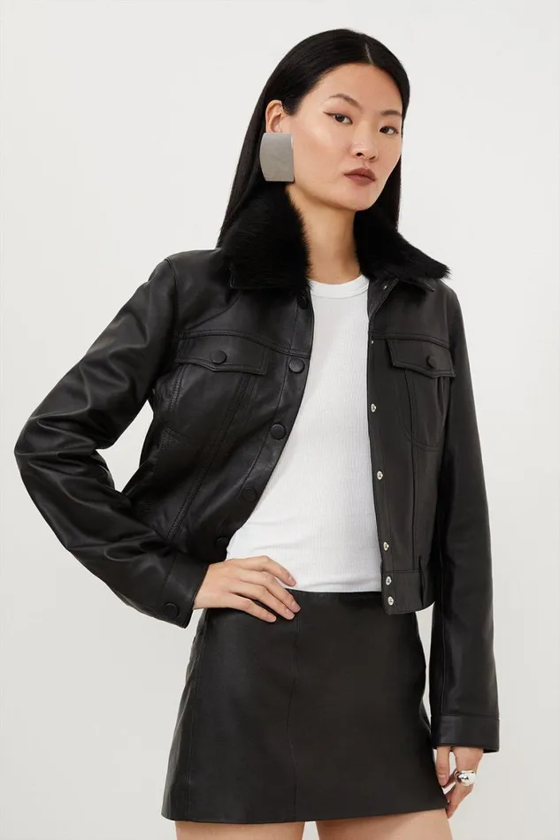 Coats and Jackets Women Karen Millen Leather Detachable Shearling Collar Trucker Jacket Black