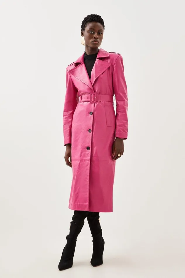Coats and Jackets Women Karen Millen Leather Structured Collared Belted Coat Hot Pink