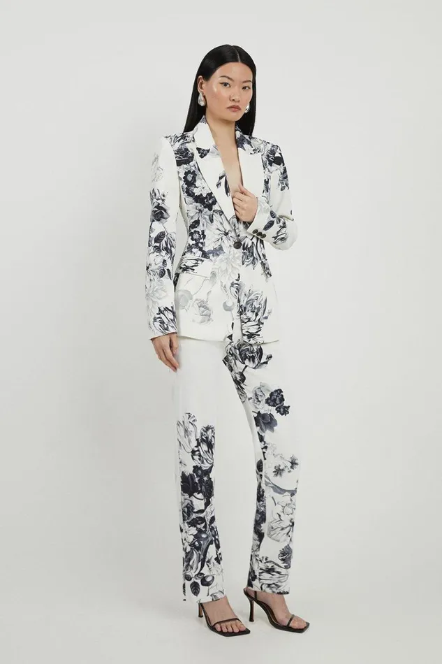 Coats and Jackets Women Karen Millen Petite Tailored Crepe Mono Floral Single Breasted Blazer Mono