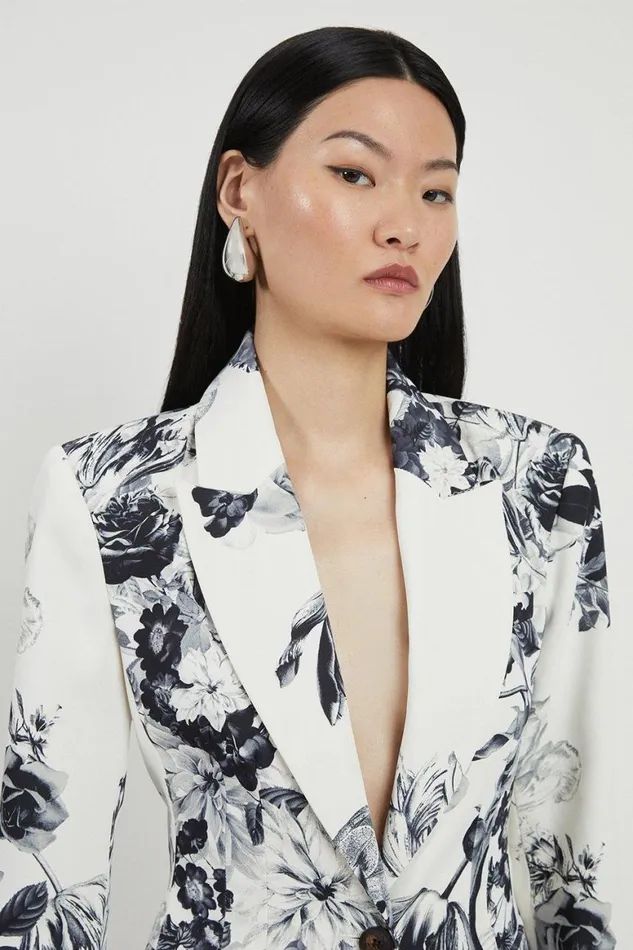 Coats and Jackets Women Karen Millen Petite Tailored Crepe Mono Floral Single Breasted Blazer Mono