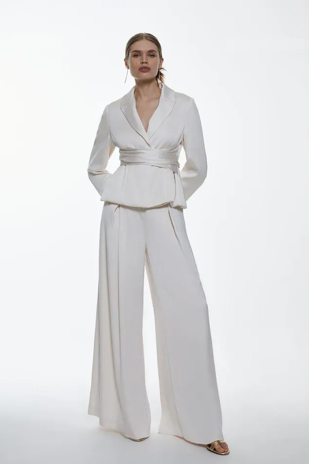 Coats and Jackets Women Karen Millen Satin Back Crepe Belted Wrap Jacket Ivory