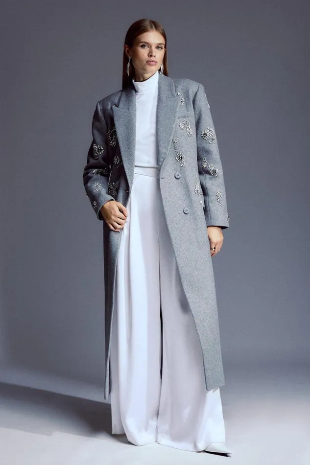 Coats and Jackets Women Karen Millen Tailored Wool Blend Embellished Maxi Coat Grey Coats and Jackets Women Karen Millen Tailored Wool Blend Embellished Maxi Coat Grey