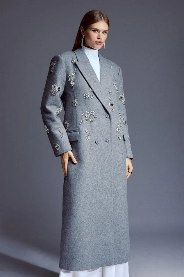 Coats and Jackets Women Karen Millen Tailored Wool Blend Embellished Maxi Coat Grey