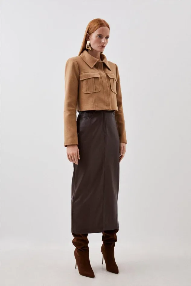 Coats and Jackets Women Karen Millen Tailored Wool Blend Pocket Detail Cropped Jacket Camel